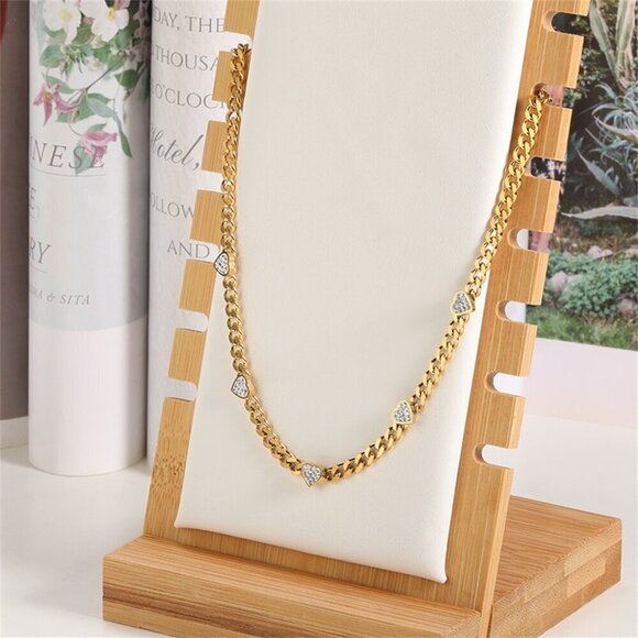 Yellow Gold Casual Women's Engraved Heart & Rhinestone Steel Chain Necklace - Picture 2 of 6